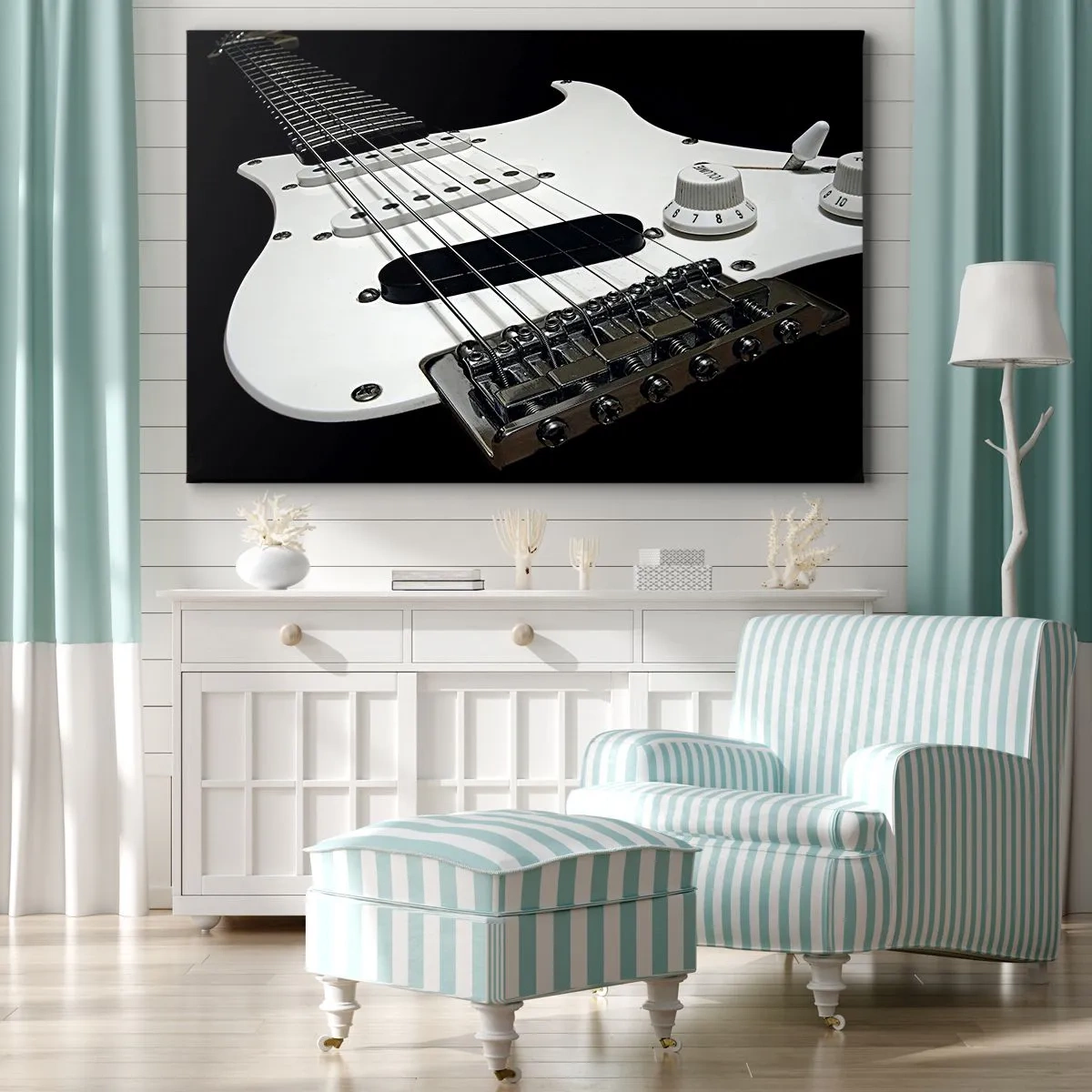 Impression sur toile - Image sur toile - Gros plan d'une guitare électrique blanche sur fond noir. - 100x70cm - Son caché en blanc - Décoration murale moderne pour le salon et la chambre ARTTOR