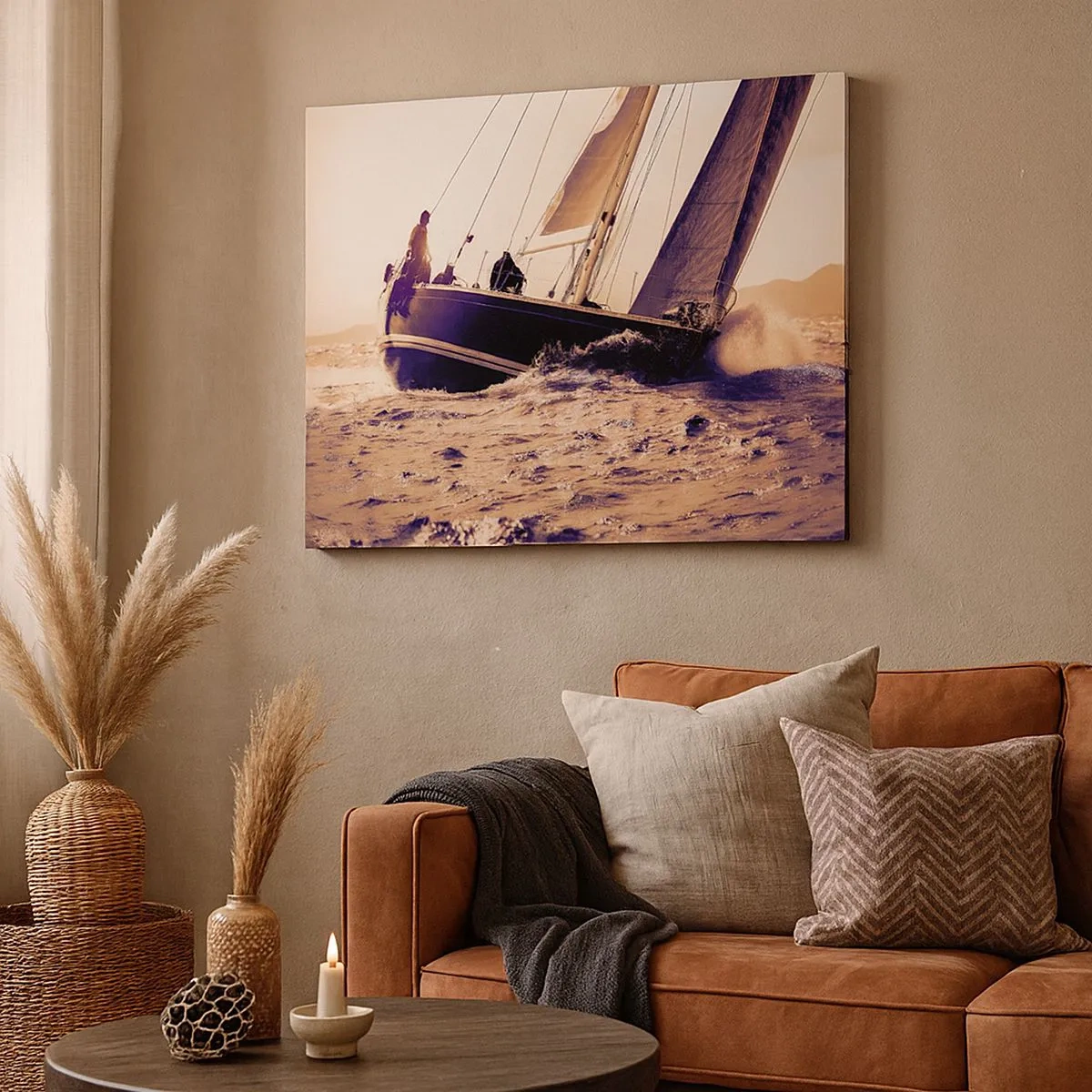 Impression sur toile - Image sur toile - Un yacht sur une mer agitée à la lumière du soleil couchant - 70x50cm - Navigue, marin - Décoration murale moderne pour le salon et la chambre ARTTOR