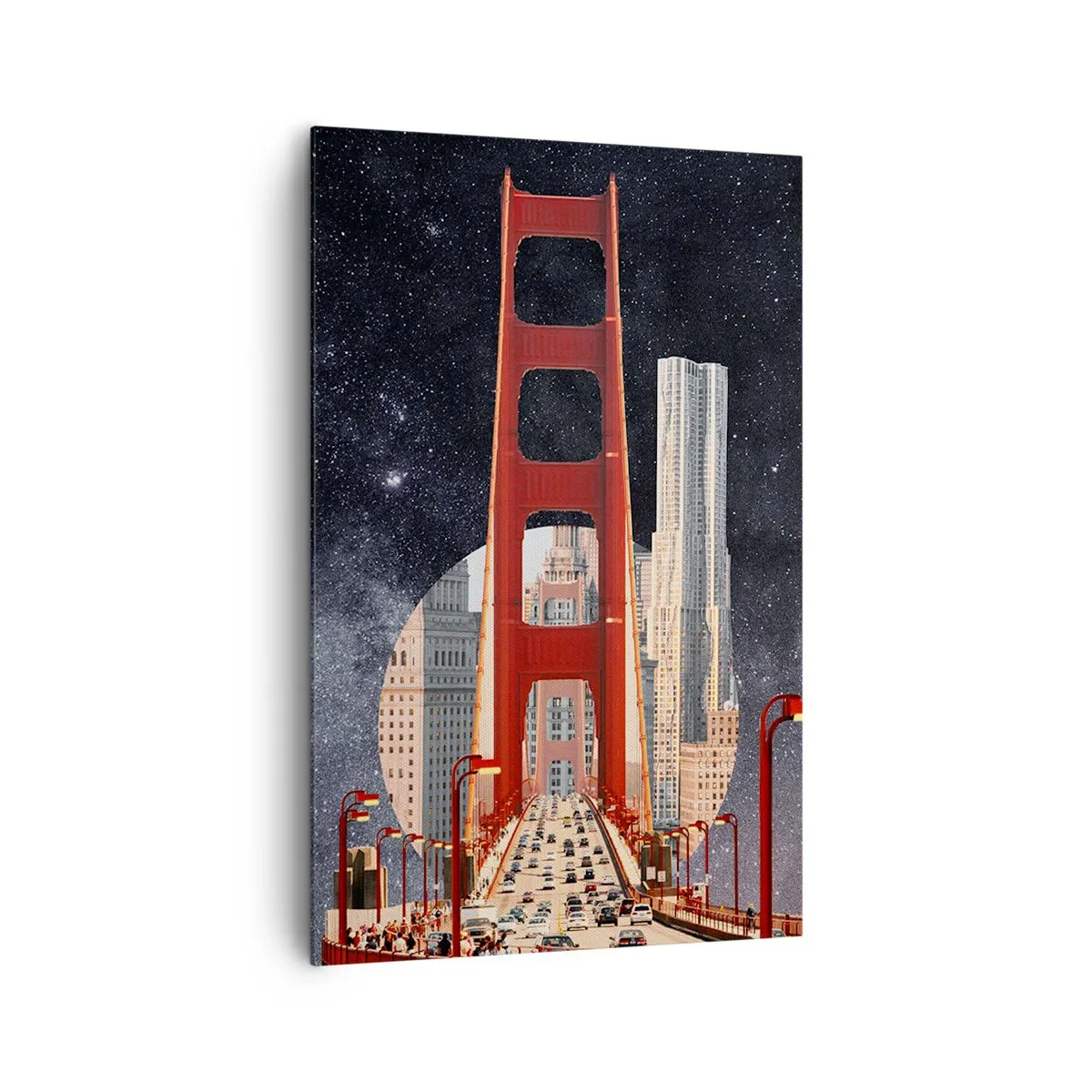 Impression sur toile - Image sur toile - Le Golden Gate Bridge avec la ville en arrière-plan contre un ciel étoilé - 80x120cm - Toujours au centre - Décoration murale moderne pour le salon et la chambre ARTTOR