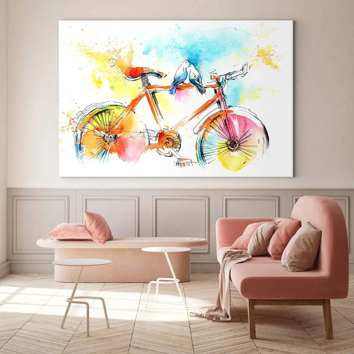 Impression sur verre - Image sur verre - Un vélo coloré avec des oiseaux assis sur le guidon - 70x50cm - À deux en vélo - Décoration murale moderne pour le salon et la chambre ARTTOR