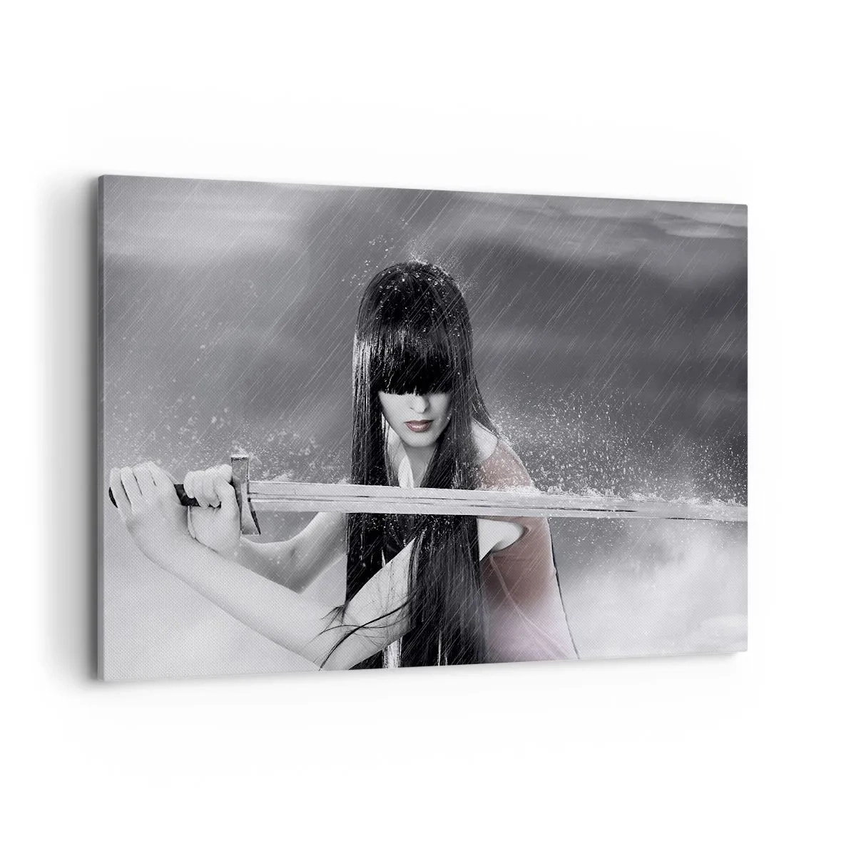 Impression sur toile - Image sur toile - Une femme avec une épée sous la pluie avec une apparence dynamique et mystérieuse - 120x80cm - Belle et dangereuse - Décoration murale moderne pour le salon et la chambre ARTTOR