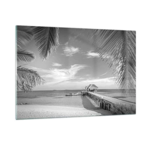 Impression sur verre - Image sur verre - Photographie en noir et blanc d'une plage tropicale avec une jetée - 120x80cm - Souvenirs ou rêve? - Décoration murale moderne pour le salon et la chambre ARTTOR