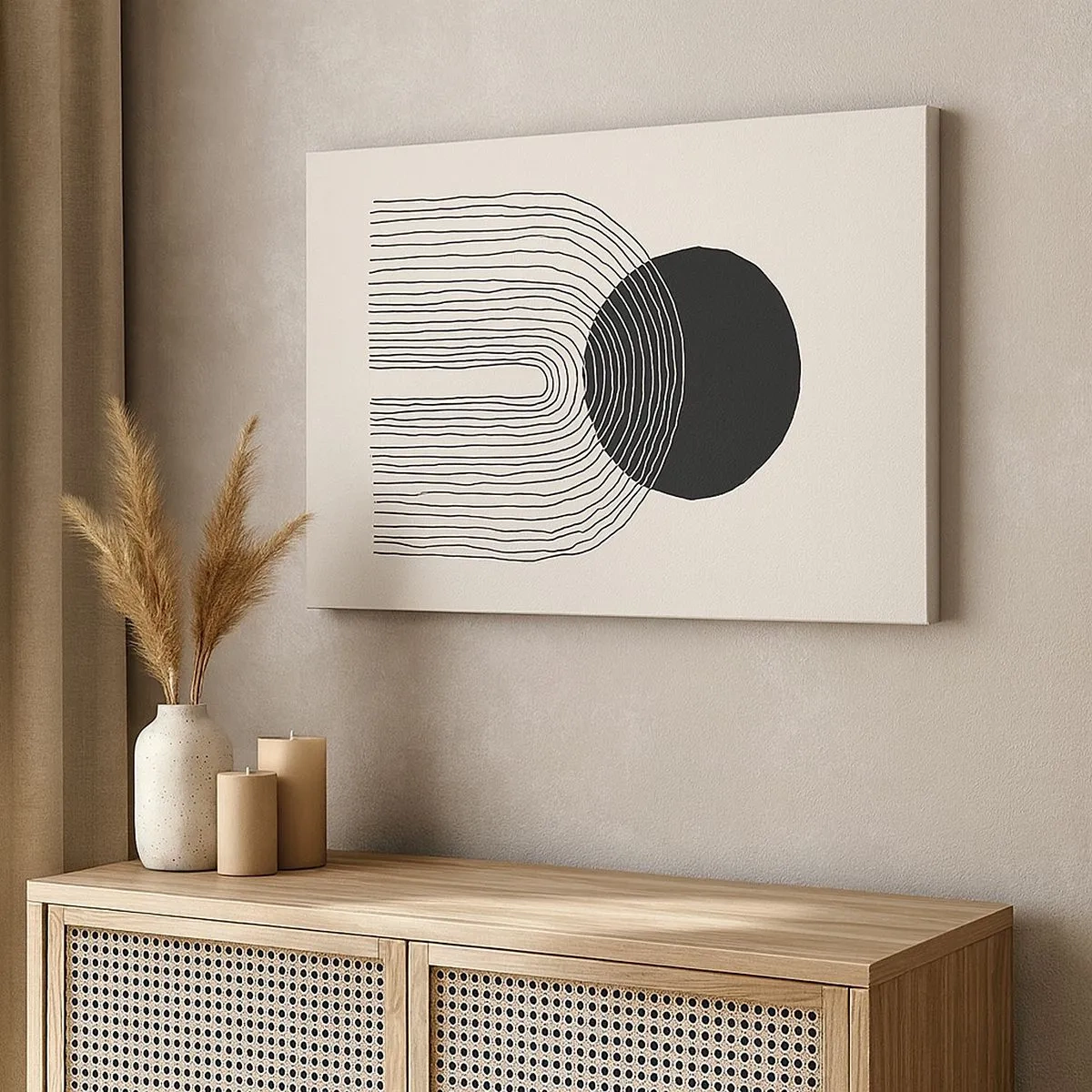 Impression sur toile - Image sur toile - Motif abstrait avec des lignes et un cercle noir sur un fond clair - 70x50cm - Tremblement et confiance - Décoration murale moderne pour le salon et la chambre ARTTOR