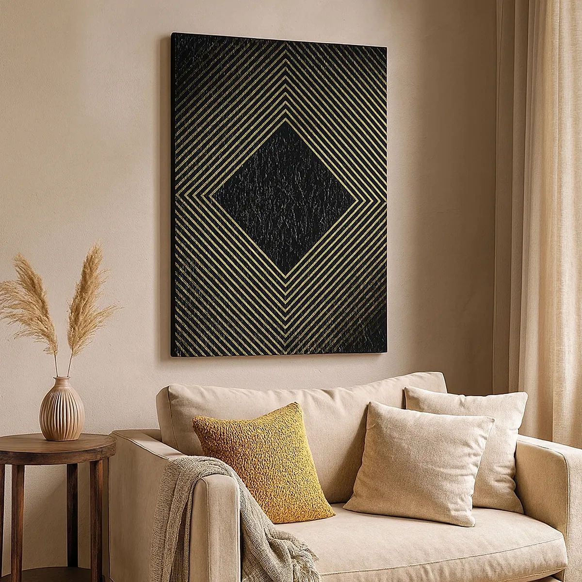 Impression sur toile - Image sur toile - Fond noir avec un motif géométrique de lignes dorées - 50x70cm - Géométrie dans un style glamour - Décoration murale moderne pour le salon et la chambre ARTTOR