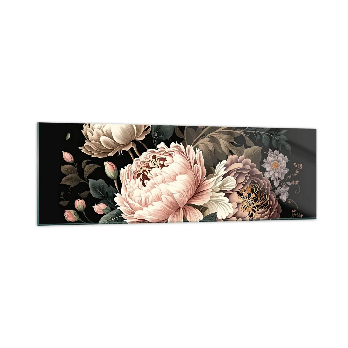 Impression sur verre - Image sur verre - Un bouquet de fleurs roses et de papillons sur fond noir - 160x50cm - De style baroque - Décoration murale moderne pour le salon et la chambre ARTTOR