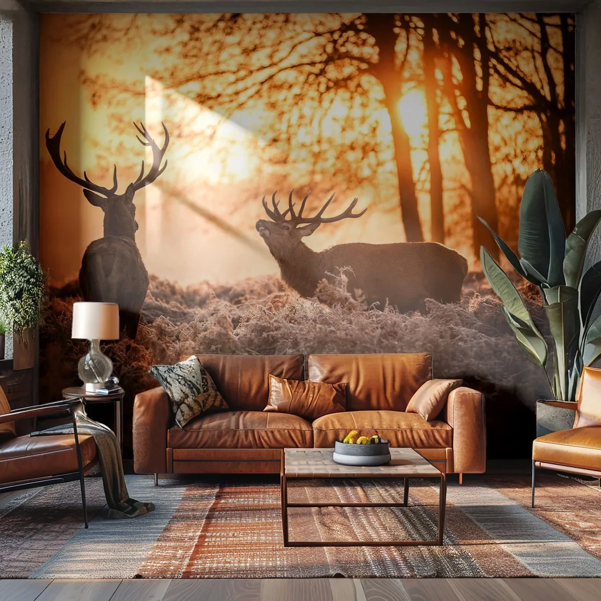 Papier Peint Photo Premium Sand - Deux cerfs dans la lumière dorée du soleil couchant - 100x70cm - Le rêve d'un chasseur - Décoration murale moderne pour le salon et la chambre ARTTOR