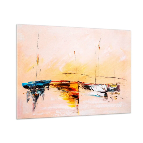 Impression sur verre - Image sur verre - Bateaux colorés amarrés sur fond de coucher de soleil impressionniste - 100x70cm - Soirée à la marina - Décoration murale moderne pour le salon et la chambre ARTTOR