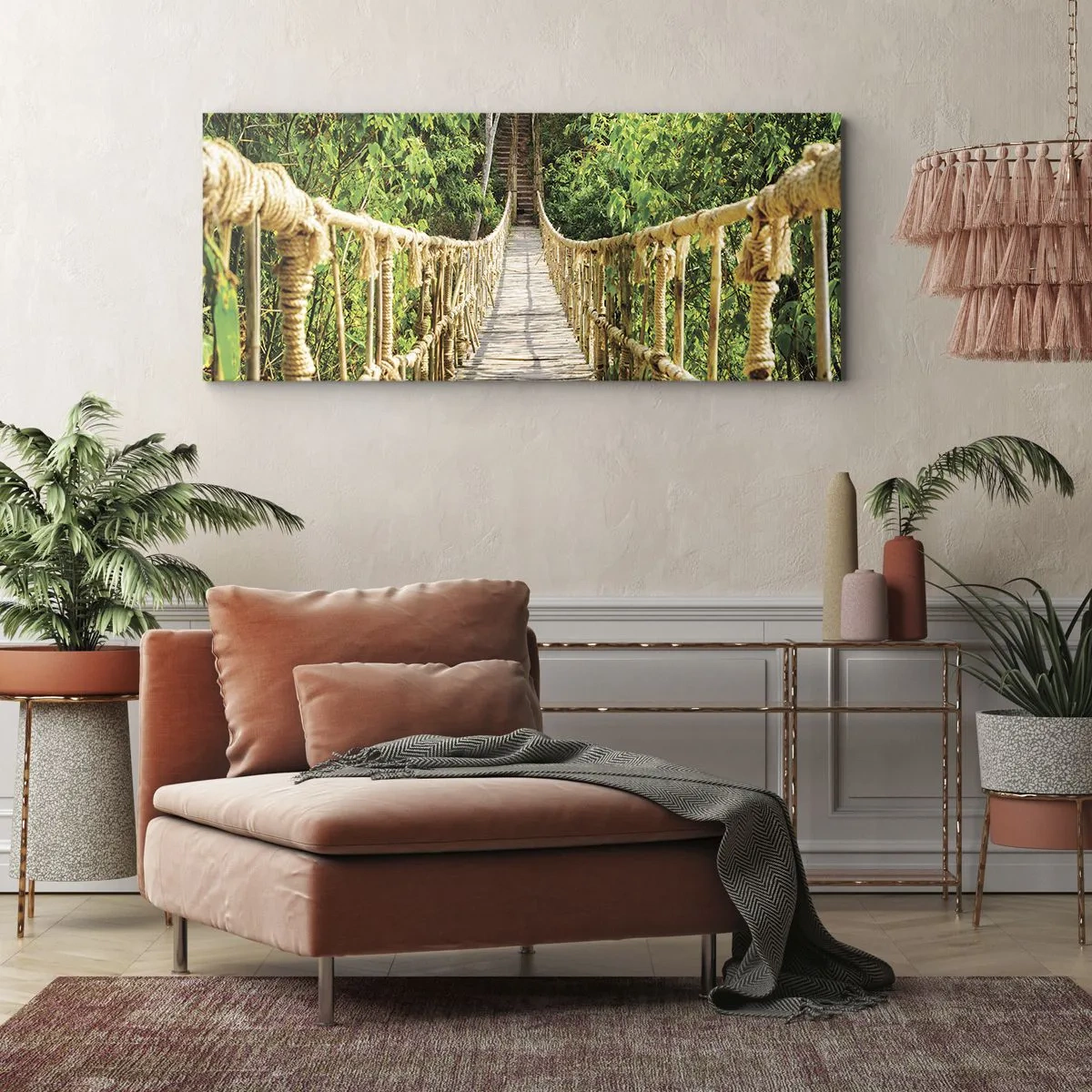 Impression sur toile - Image sur toile - Un pont suspendu dans une forêt tropicale pleine de verdure - 120x50cm - Suspendu dans la nature - Décoration murale moderne pour le salon et la chambre ARTTOR