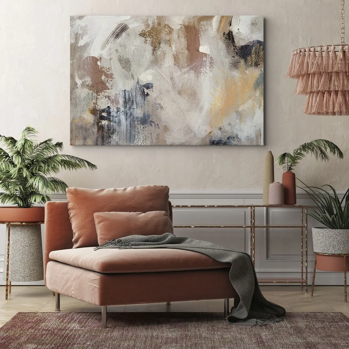 Impression sur toile - Image sur toile - Taches abstraites dans des tons neutres de beige et d'or - 70x50cm - Abstraction brumeuse - Décoration murale moderne pour le salon et la chambre ARTTOR