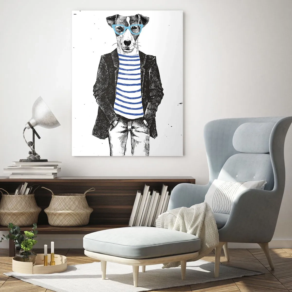 Impression sur verre - Image sur verre - Illustration d'un chien portant une chemise de marin et des lunettes sur fond blanc - 50x70cm - Un charme de chien - Décoration murale moderne pour le salon et la chambre ARTTOR