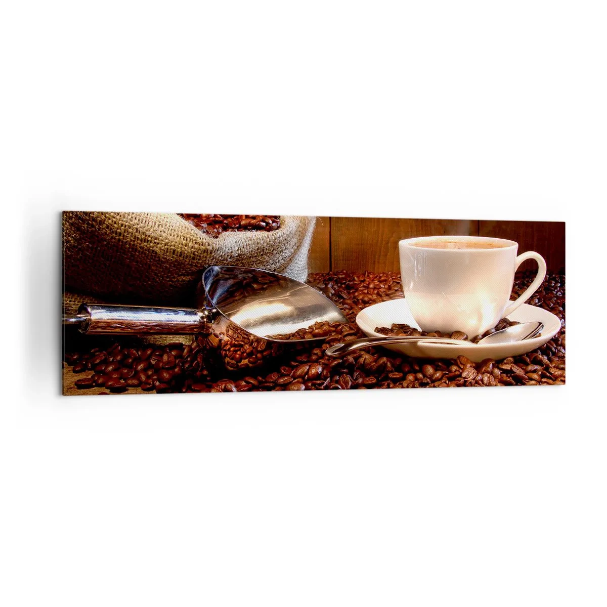 Impression sur toile - Image sur toile - Une tasse de café avec des grains de café et un sac de céréales en arrière-plan - 160x50cm - Sentez-vous cette odeur? - Décoration murale moderne pour le salon et la chambre ARTTOR