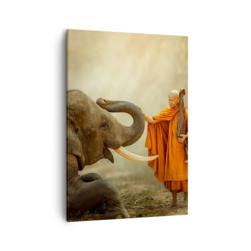 Impression sur toile - Image sur toile - Un moine et un éléphant en harmonie avec la nature en toile de fond - 50x70cm - Rencontre en voyageant - Décoration murale moderne pour le salon et la chambre ARTTOR