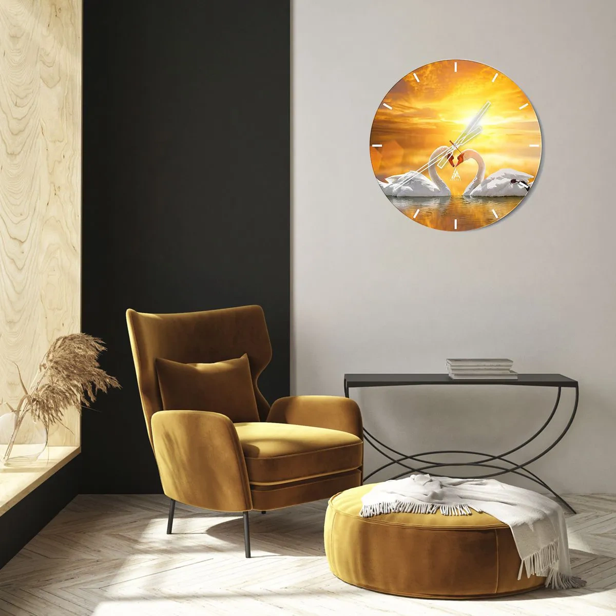 Horloge murale - Pendule murale - Deux cygnes formant un cœur contre un ciel doré - 30x30cm - Le coeur est le plus beau mot du monde… - Décoration murale moderne pour le salon, la cuisine et la chambre ARTTOR