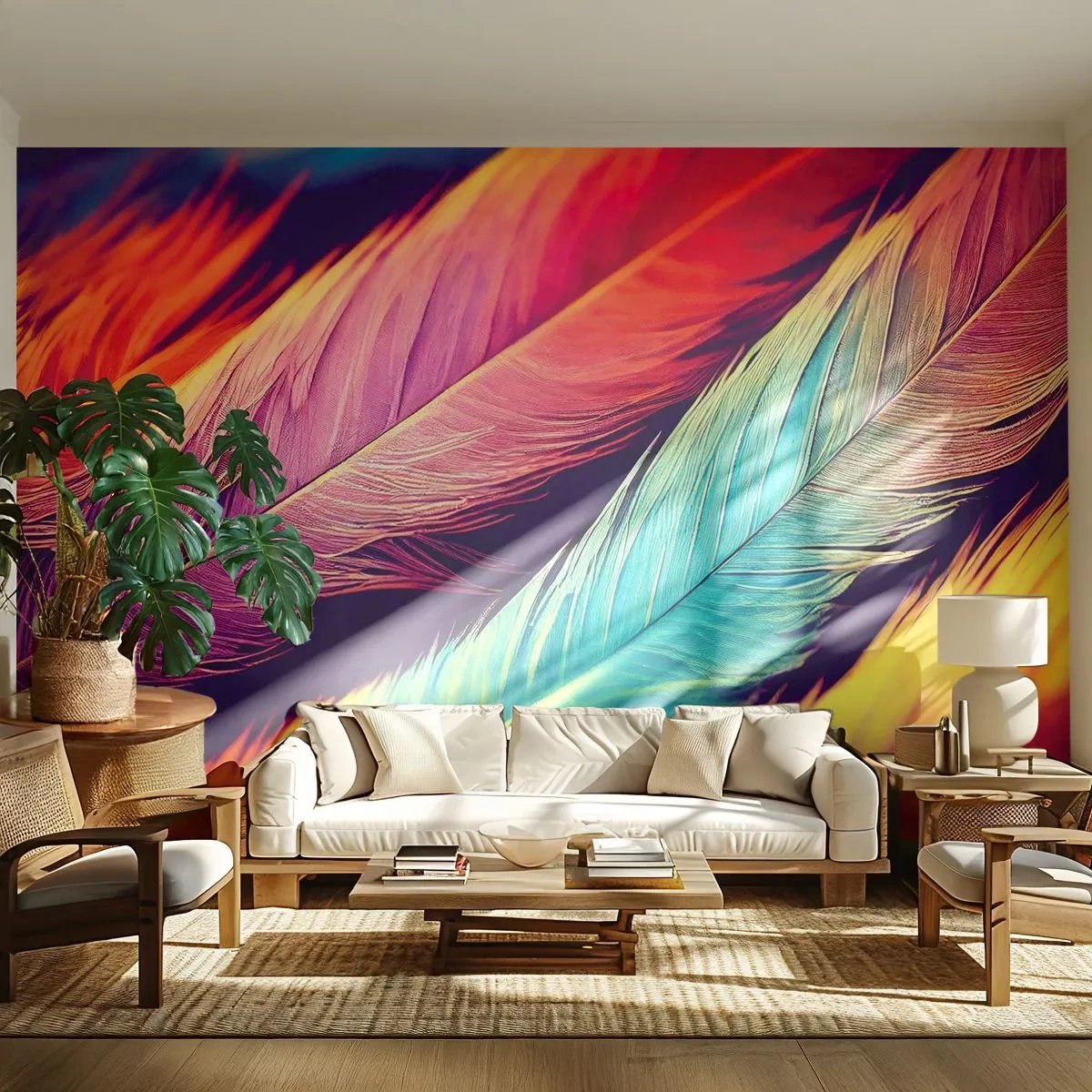 Papier Peint Photo Premium Canvas - Arc-en-ciel de plumes - Plumes, Lumière, Coloré - 450x315 cm