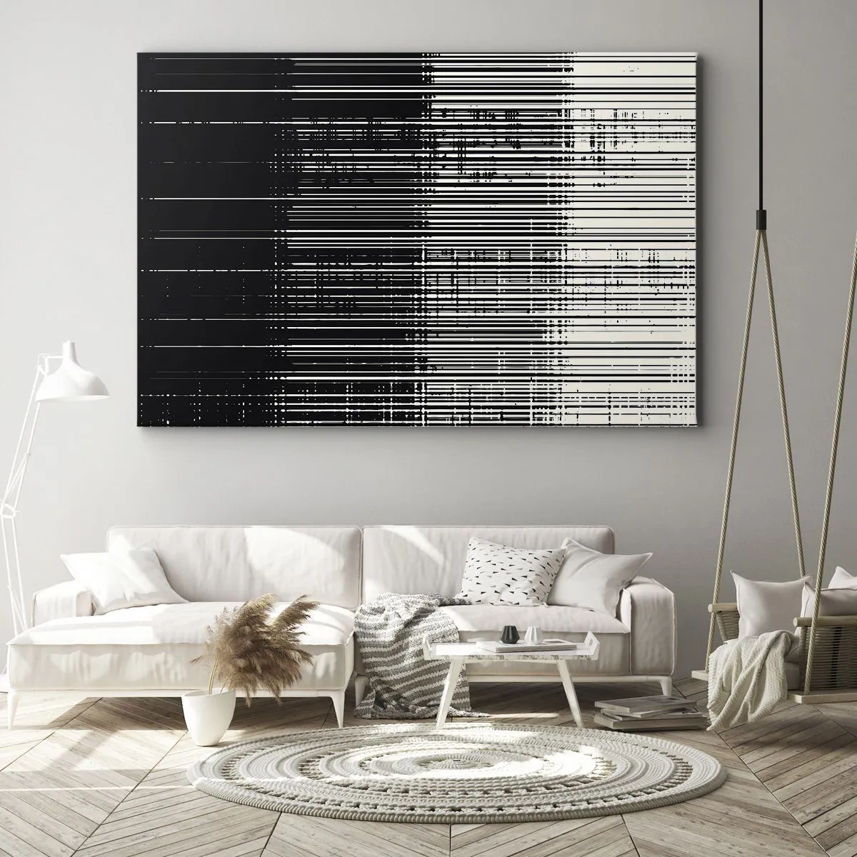 Impression sur toile - Image sur toile - Composition abstraite de lignes en noir et blanc contrastés - 70x50cm - Ondes et vibrations - Décoration murale moderne pour le salon et la chambre ARTTOR