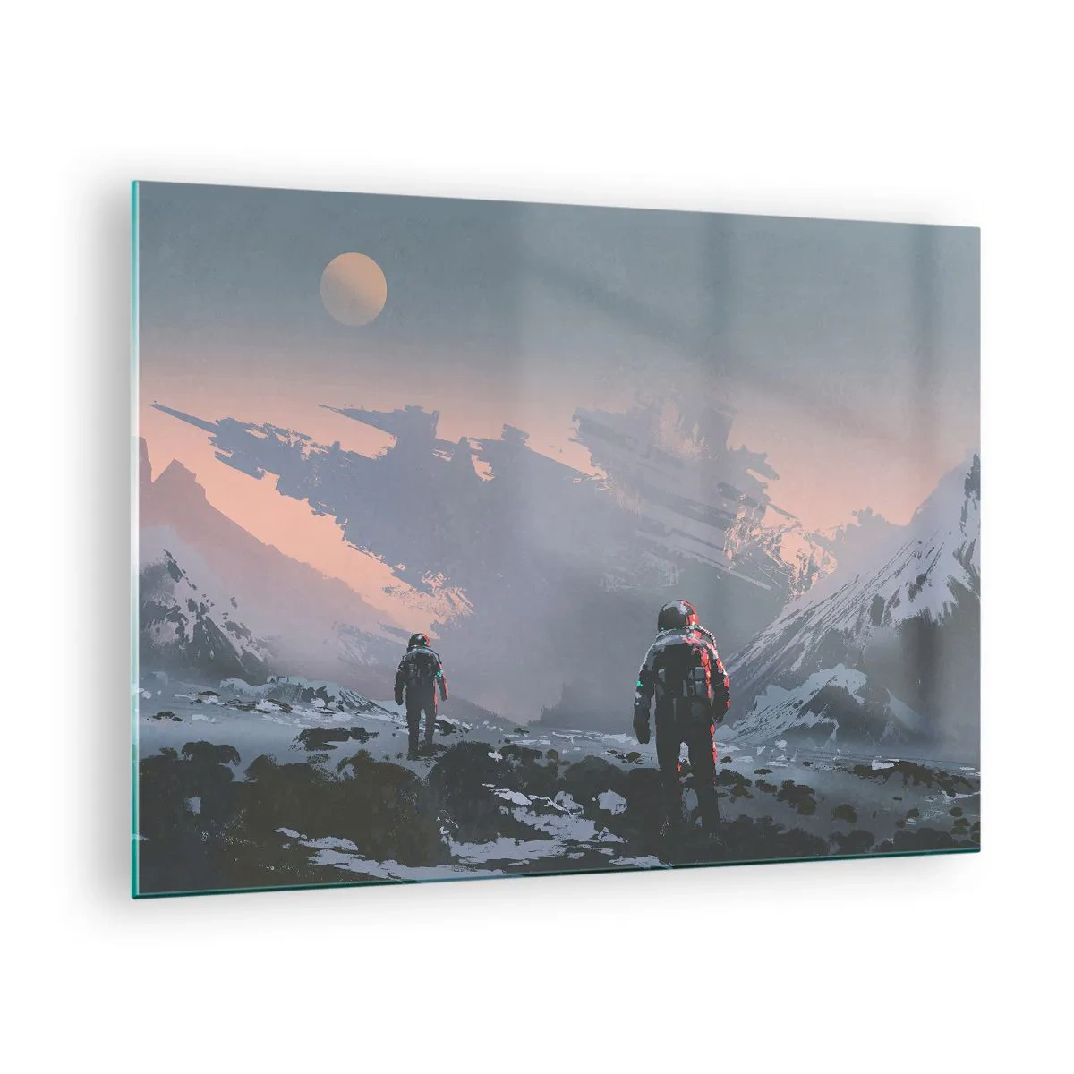 Impression sur verre - Image sur verre - Des astronautes sur une planète extraterrestre avec une épave en arrière-plan - 70x50cm - Sous une étoile inconnue - Décoration murale moderne pour le salon et la chambre ARTTOR