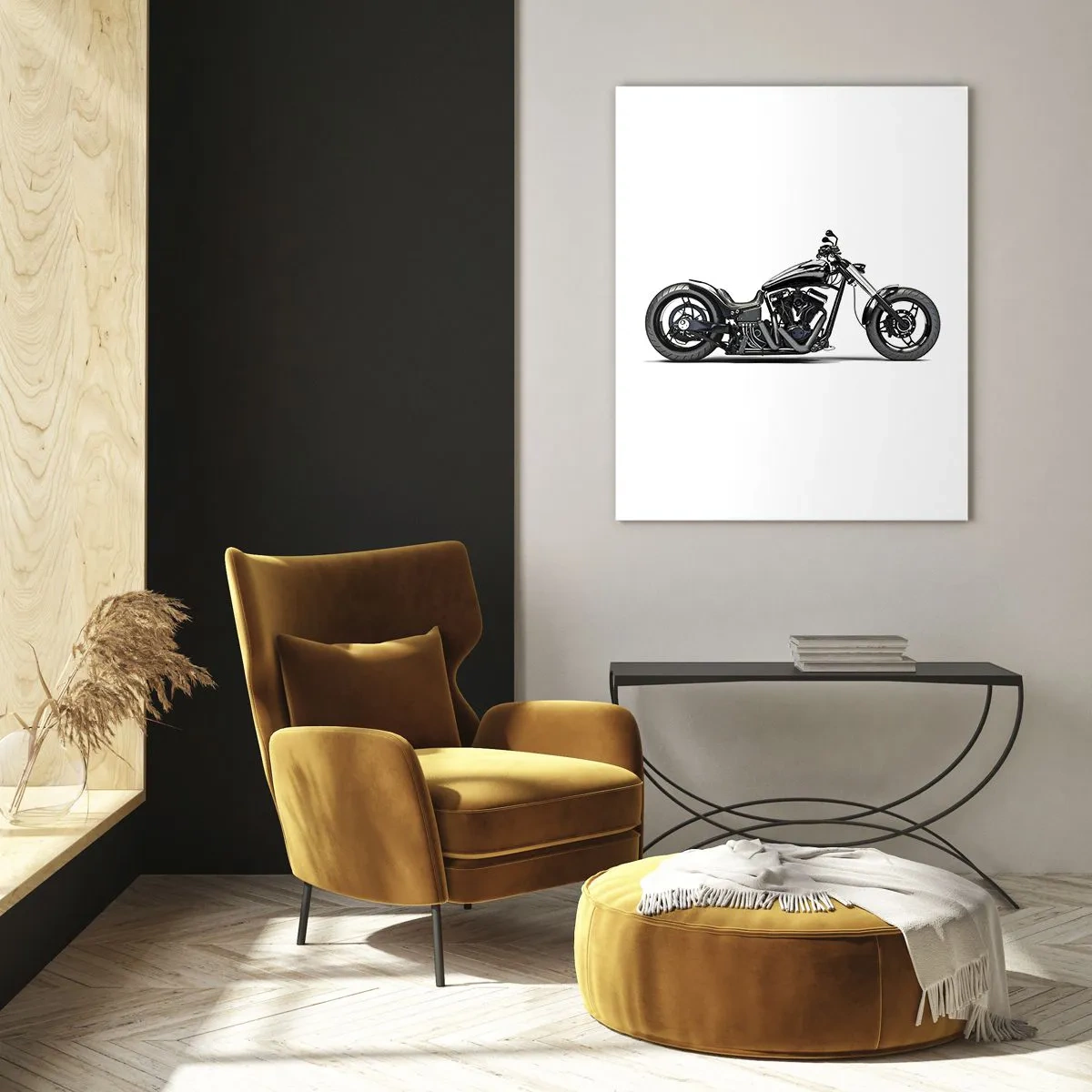 Impression sur verre - Image sur verre - Moto customisée noire élégante sur fond blanc - 70x100cm - Pour ceux qui aiment la liberté - Décoration murale moderne pour le salon et la chambre ARTTOR