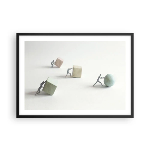 Affiche dans un cadre noir - Poster - Figurines miniatures poussant des formes sur un fond clair - 70x50cm - Rien que la vie - Décoration murale moderne pour le salon et la chambre ARTTOR