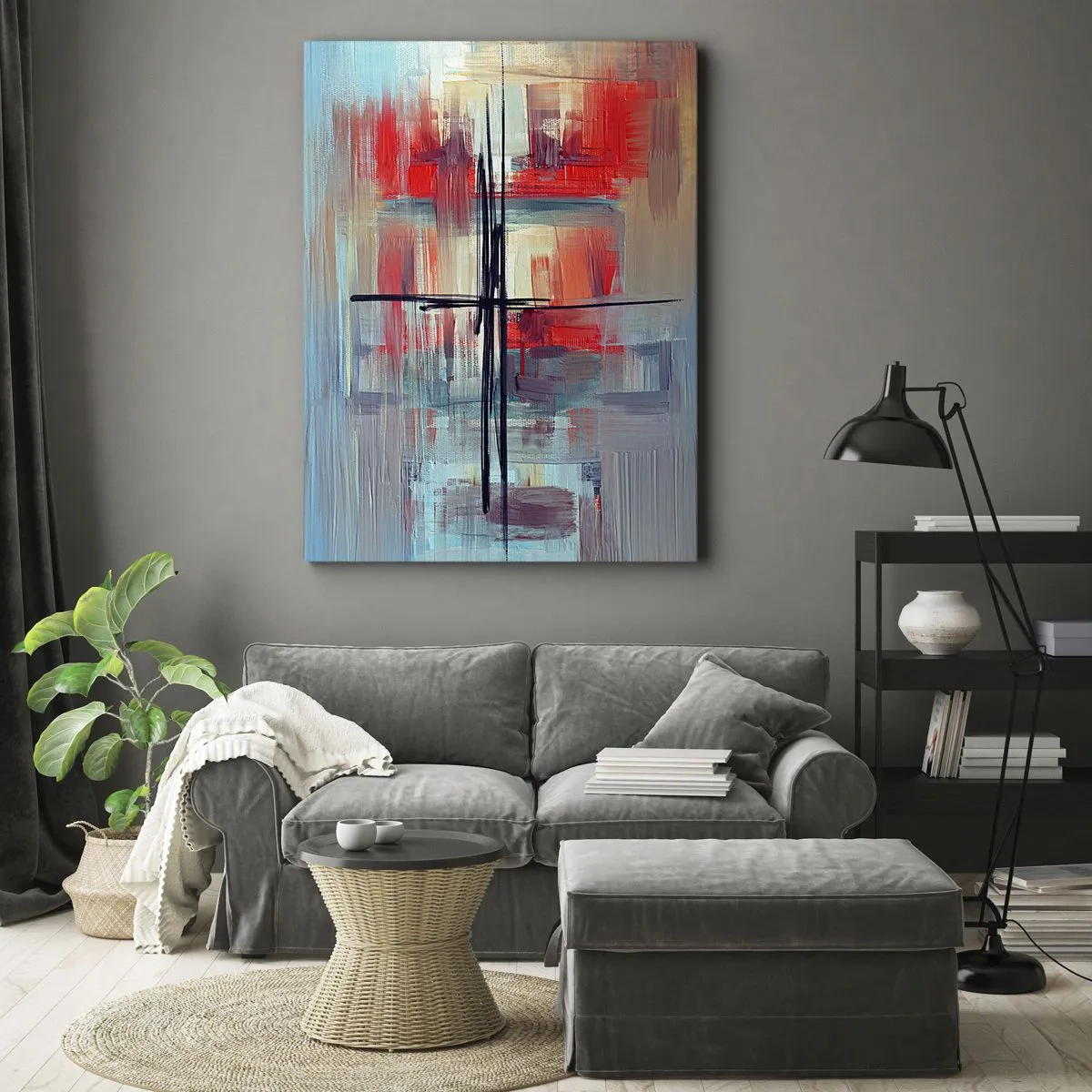 Impression sur toile - Image sur toile - Une composition abstraite aux couleurs intenses, aux lignes et aux formes géométriques. - 50x70cm - Un paysage dans une dimension inconnue - Décoration murale moderne pour le salon et la chambre ARTTOR