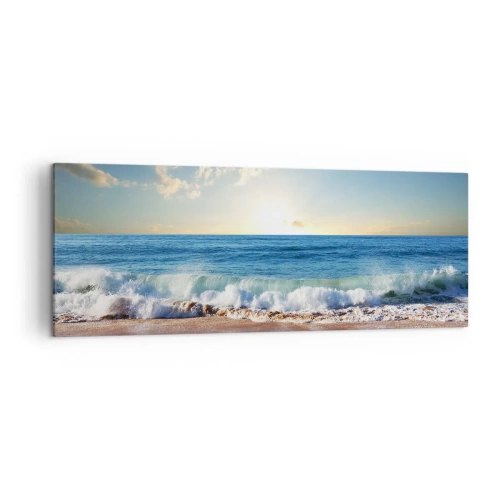 Impression sur toile - Image sur toile - Une plage ensoleillée avec des vagues s'écrasant sur le rivage - 140x50cm - Mouvement et immobilité à la fois - Décoration murale moderne pour le salon et la chambre ARTTOR