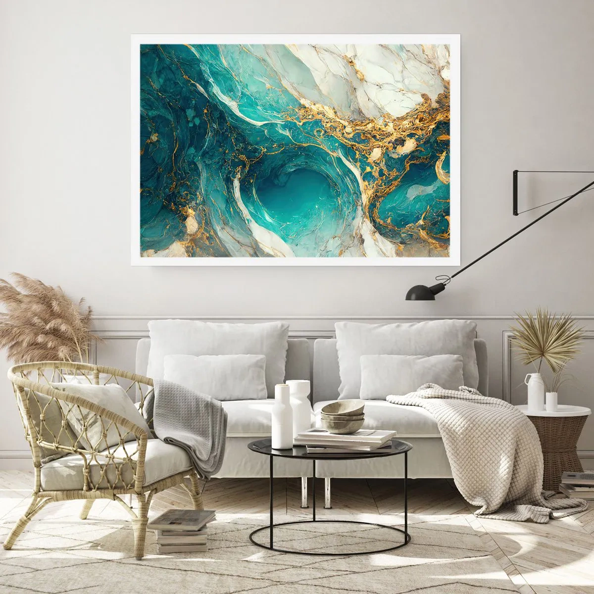 Affiche - Poster - Une composition abstraite dans des tons turquoise et or. - 100x70cm - Composition en veines d'or - Décoration murale moderne pour le salon et la chambre ARTTOR