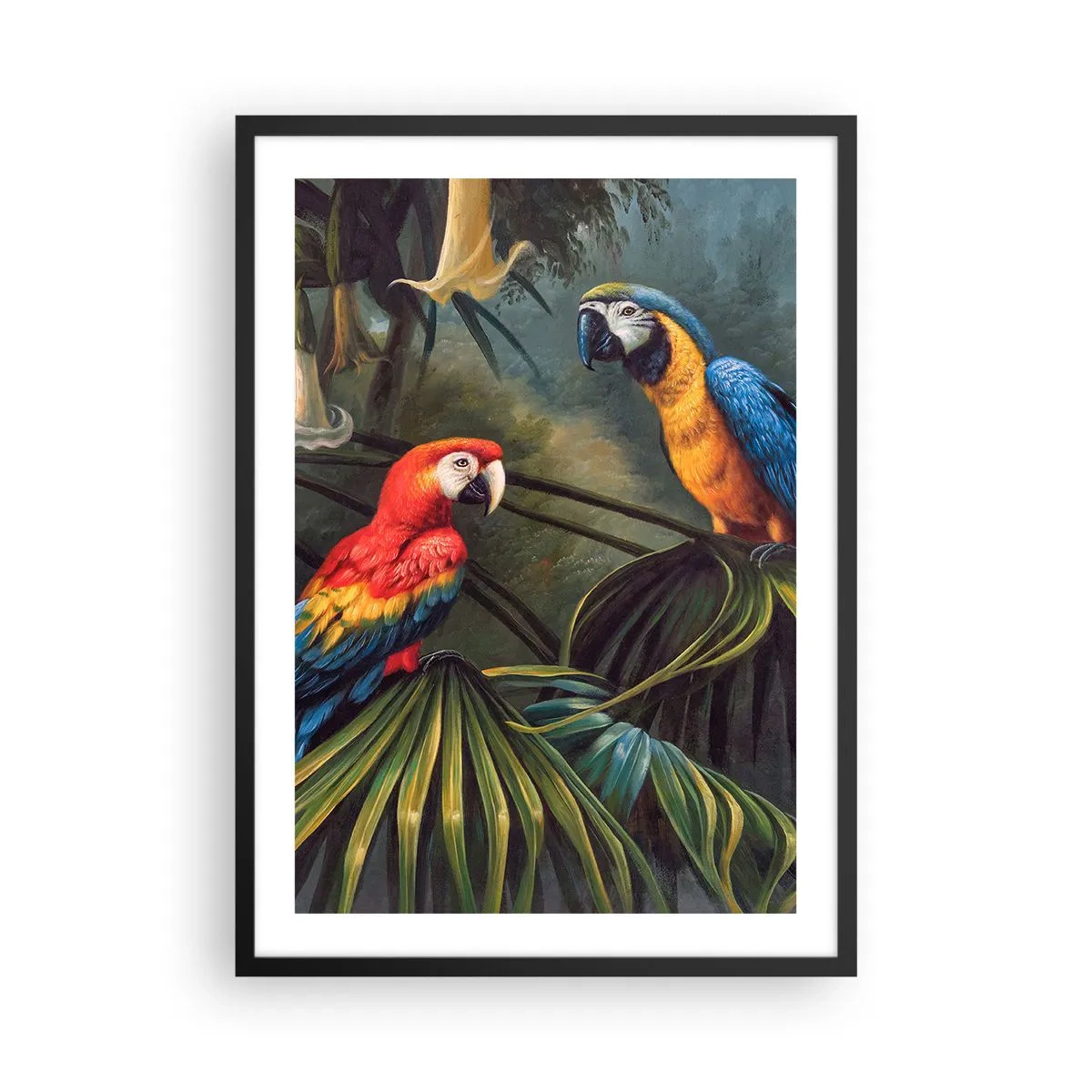 Affiche dans un cadre noir - Poster - Perroquets tropicaux entourés d'une végétation luxuriante - 50x70cm - Romantisme dans les tropiques - Décoration murale moderne pour le salon et la chambre ARTTOR