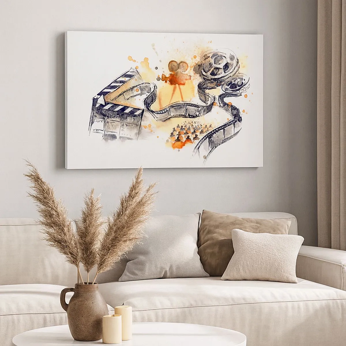 Impression sur toile - Image sur toile - Le symbolisme du cinéma avec une pellicule dans une aquarelle artistique - 70x50cm - Au pays des rêves - Décoration murale moderne pour le salon et la chambre ARTTOR