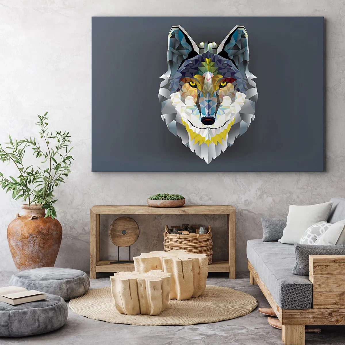 Impression sur toile - Image sur toile - Image géométrique d'un loup sur fond gris - 70x50cm - On parle du loup - Décoration murale moderne pour le salon et la chambre ARTTOR