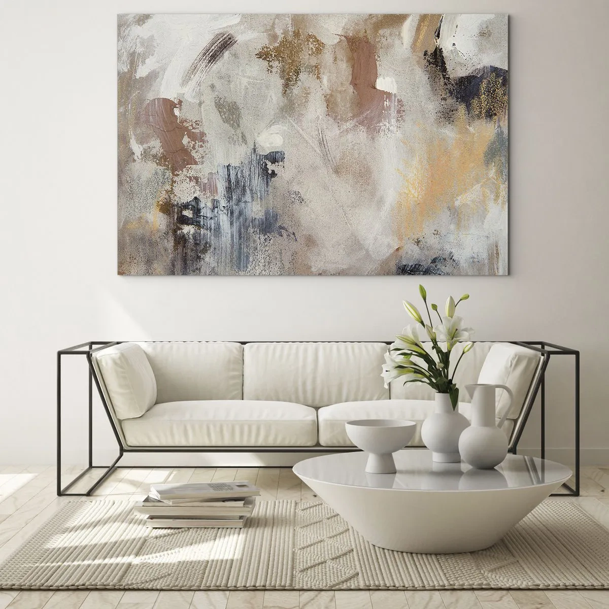 Impression sur verre - Image sur verre - Composition abstraite beige et marron dans un style brumeux - 100x70cm - Abstraction brumeuse - Décoration murale moderne pour le salon et la chambre ARTTOR