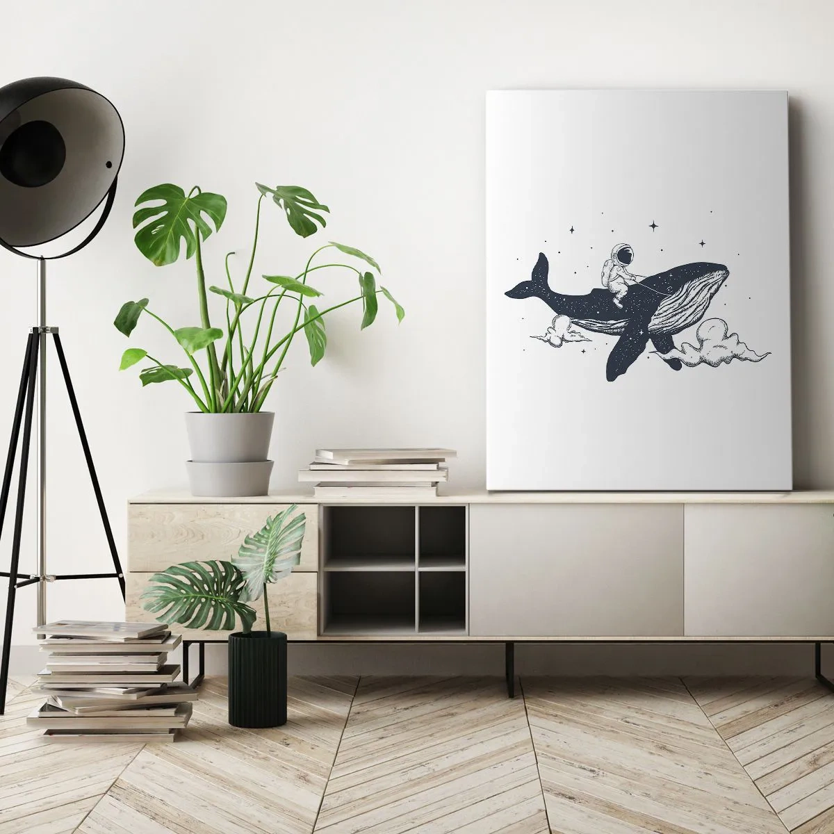 Impression sur toile - Image sur toile - Astronaute sur une baleine flottant dans l'espace - 80x120cm - Aventure spatiale - Décoration murale moderne pour le salon et la chambre ARTTOR