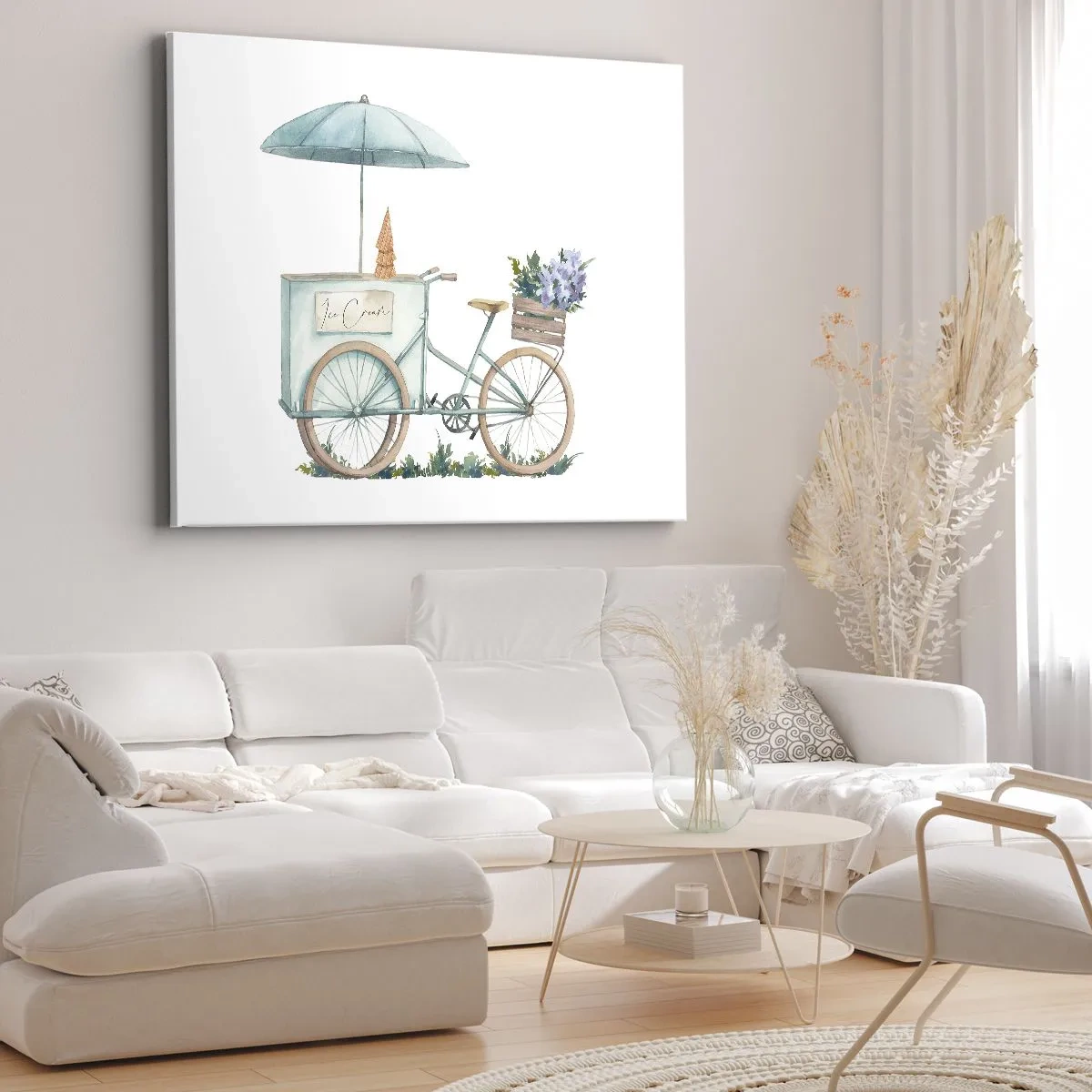 Impression sur toile - Image sur toile - Un vélo avec de la glace et des fleurs sous un parapluie aux couleurs pastel délicates - 120x80cm - Doux souvenir d'été - Décoration murale moderne pour le salon et la chambre ARTTOR