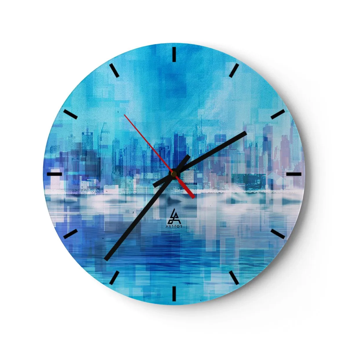 Horloge murale - Pendule murale - Un panorama de la ville dans les tons bleu et violet avec un effet abstrait. - 30x30cm - Noyé dans le bleu - Décoration murale moderne pour le salon, la cuisine et la chambre ARTTOR