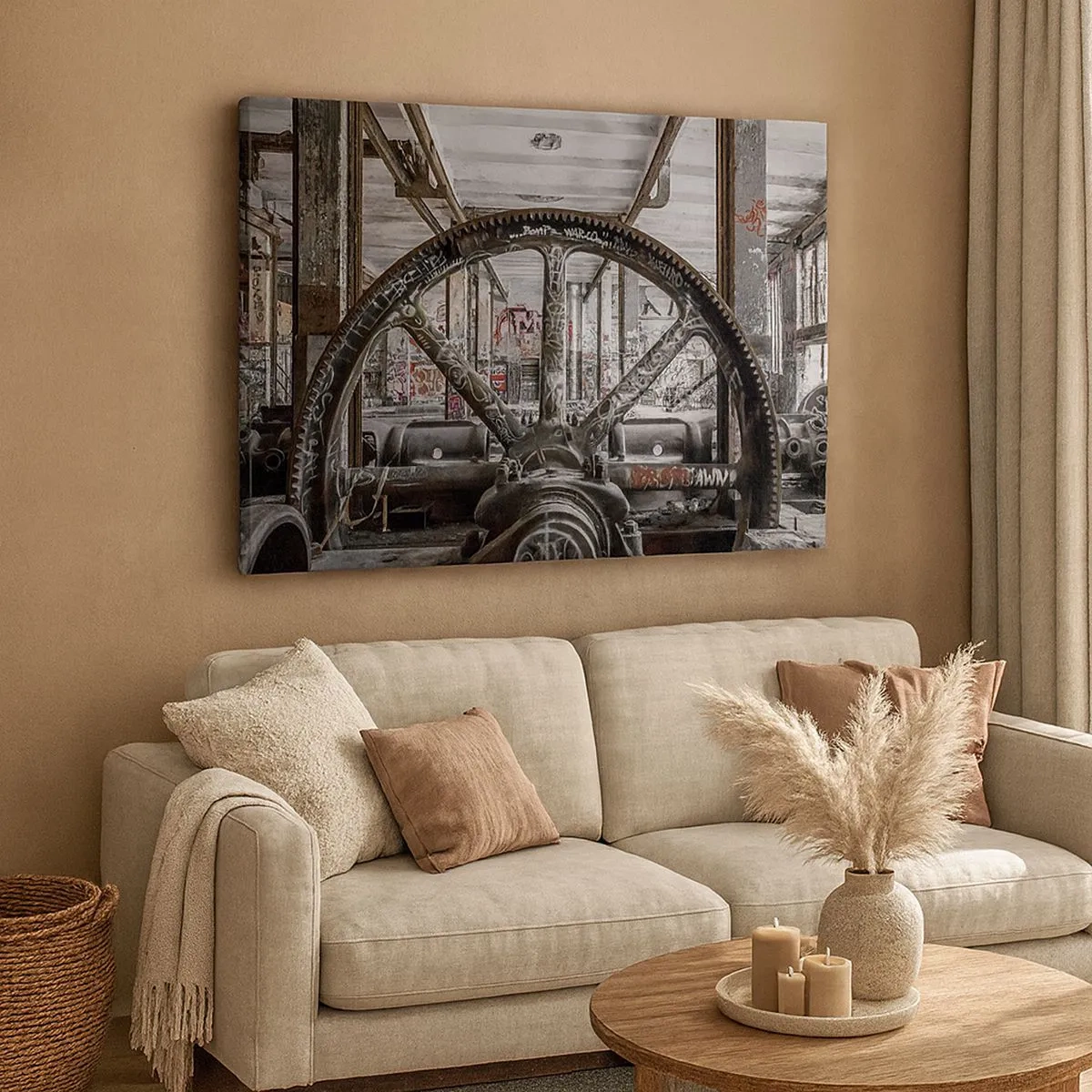 Impression sur toile - Image sur toile - Un vieux mécanisme dans un intérieur industriel abandonné - 70x50cm - Vie secrète d'une usine - Décoration murale moderne pour le salon et la chambre ARTTOR