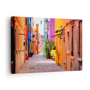 Impression sur toile - Image sur toile - Une rue colorée avec des immeubles aux tons clairs - 70x50cm - Allée arc-en-ciel - Décoration murale moderne pour le salon et la chambre ARTTOR