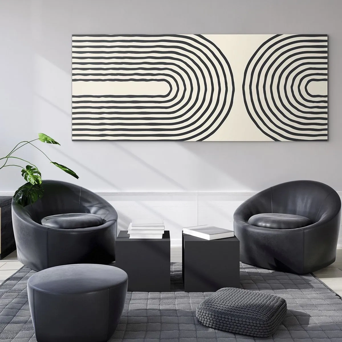 Impression sur verre - Image sur verre - Motif géométrique abstrait avec des lignes symétriques sur un fond clair - 120x50cm - Dans un instant... - Décoration murale moderne pour le salon et la chambre ARTTOR