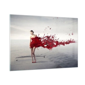 Impression sur verre - Image sur verre - La figure d'une femme en robe rouge sur fond de mer - 100x70cm - Passionné comme l'écarlate - Décoration murale moderne pour le salon et la chambre ARTTOR