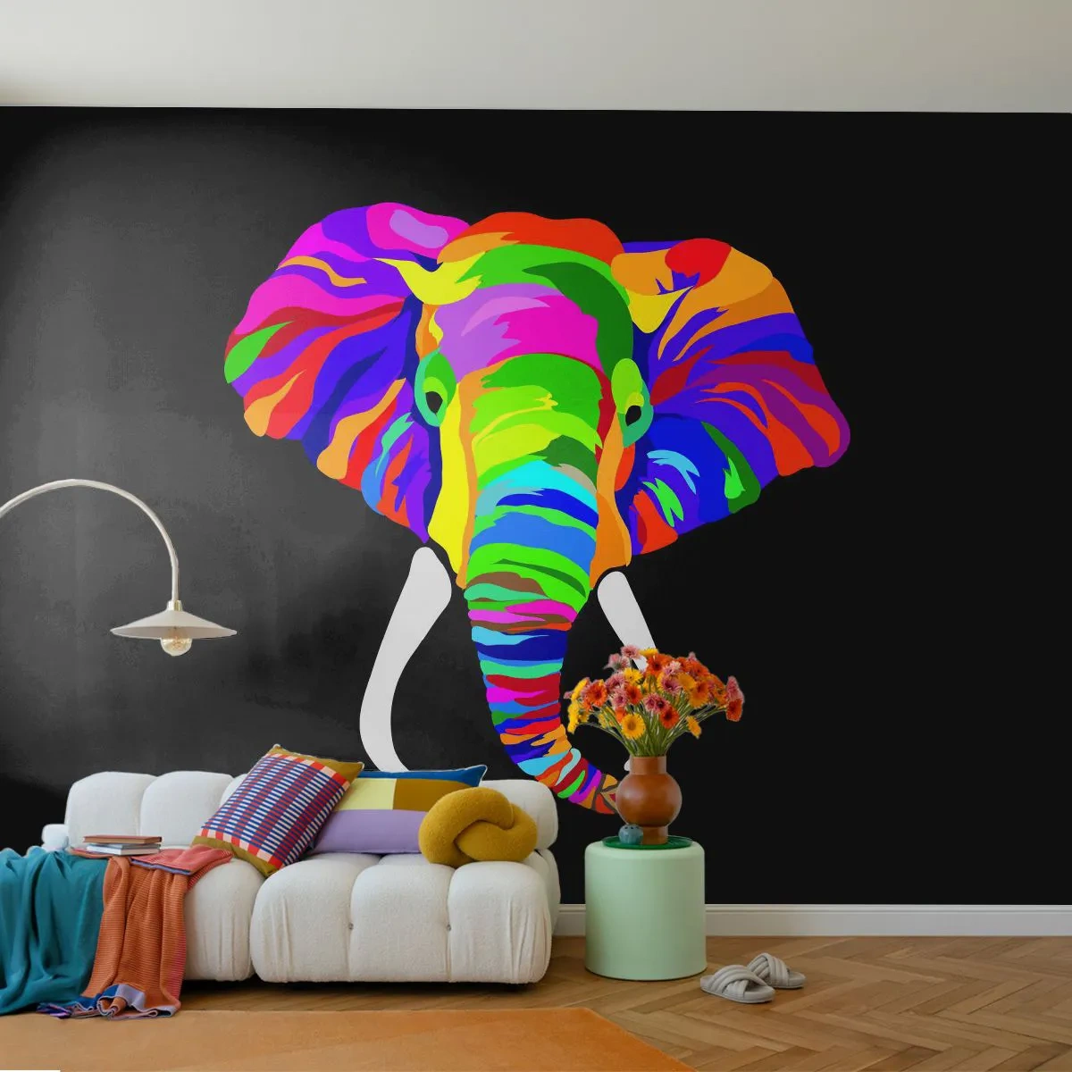 Papier Peint Photo Premium Sand - Éléphant coloré sur fond noir dans un style pop art - 100x70cm - L'éléphant qui aimait se baigner dans un arc-en-ciel - Décoration murale moderne pour le salon et la chambre ARTTOR