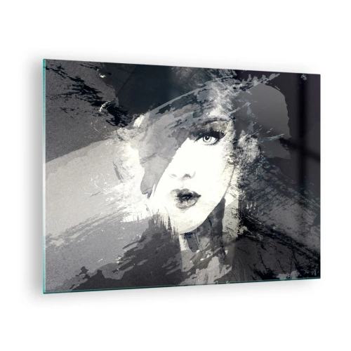 Impression sur verre - Image sur verre - Le visage d'une femme est partiellement recouvert de taches grises abstraites. - 70x50cm - Derrière un voile gris - Décoration murale moderne pour le salon et la chambre ARTTOR