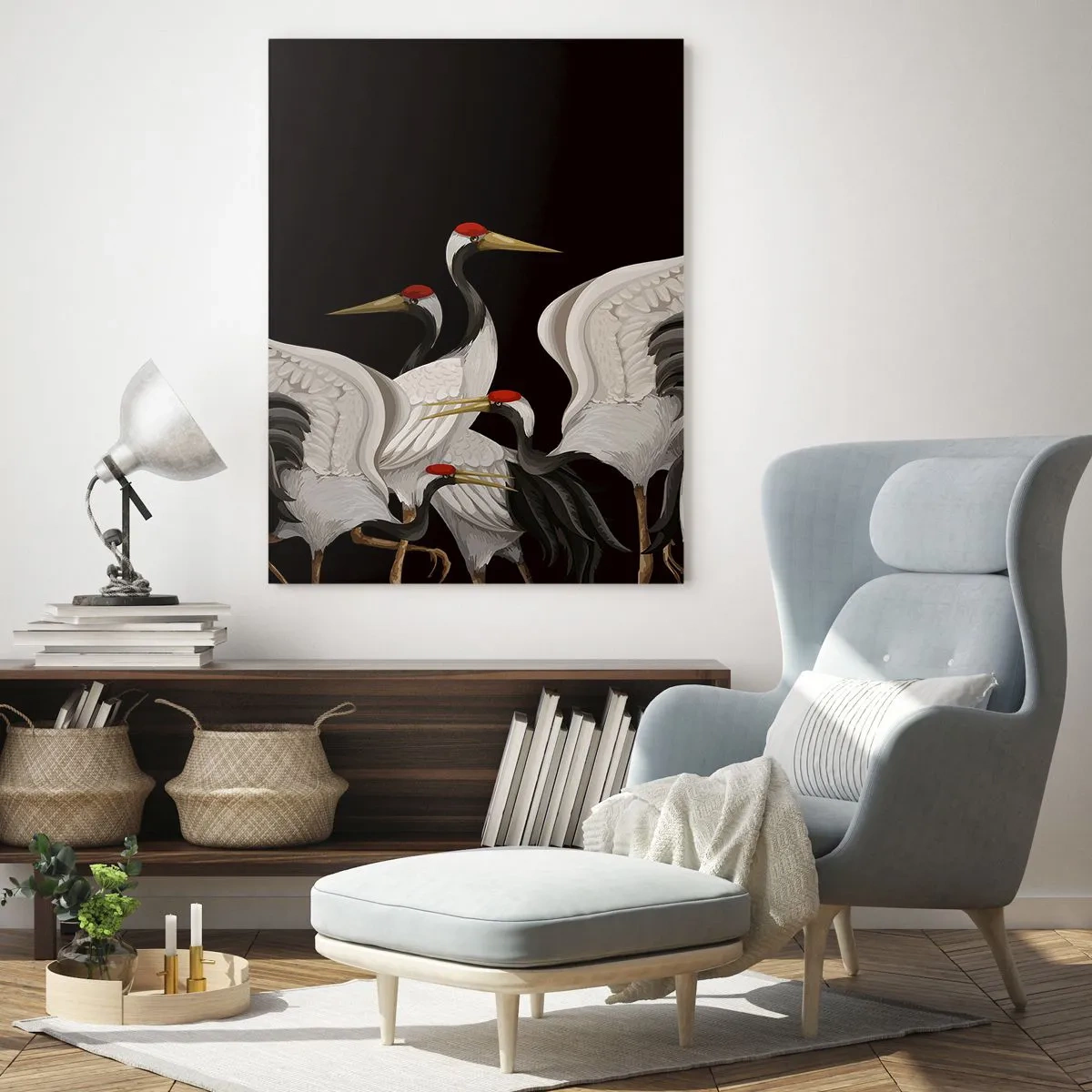 Impression sur verre - Image sur verre - Grues blanches avec des accents rouges sur fond noir - 80x120cm - Histoire d'oiseaux - Décoration murale moderne pour le salon et la chambre ARTTOR