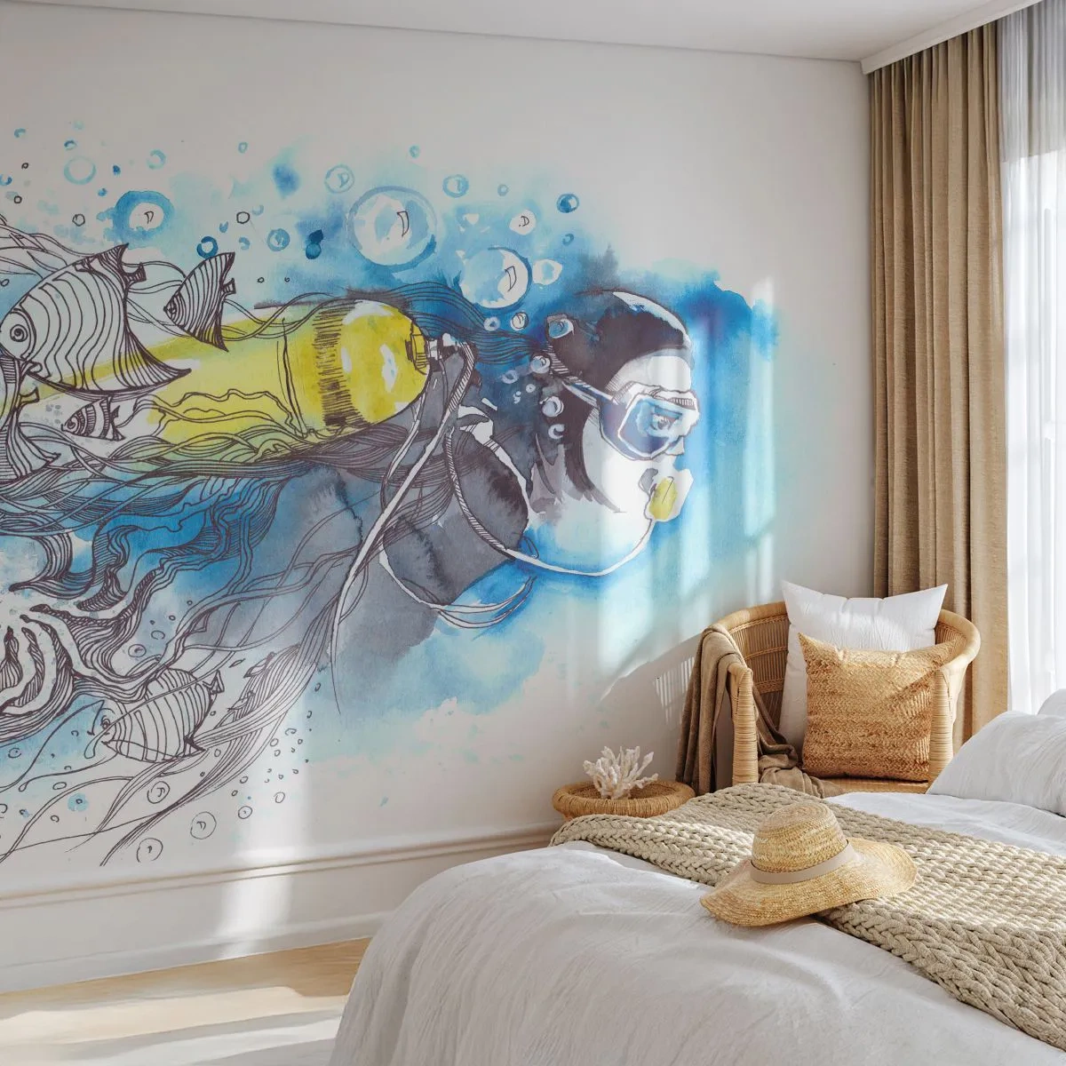 Papier Peint Photo Premium Sand - Un plongeur explorant le monde sous-marin dans un style aquarelle. - 100x70cm - Le grand bleu - Décoration murale moderne pour le salon et la chambre ARTTOR