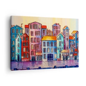 Impression sur toile - Image sur toile - Maisons colorées au bord de l'eau dans un style artistique - 70x50cm - Une ville comme dans un conte de fées - Décoration murale moderne pour le salon et la chambre ARTTOR