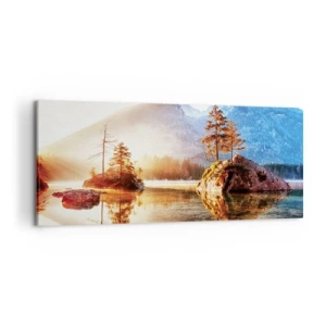 Impression sur toile - Image sur toile - Un lac avec des îles et des montagnes en arrière-plan au lever du soleil - 120x50cm - La nature sous un nouveau jour - Décoration murale moderne pour le salon et la chambre ARTTOR