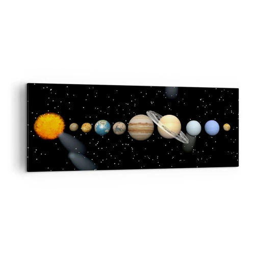 Impression sur toile - Image sur toile - Le système solaire avec des planètes sur fond d'étoiles dans l'espace - 140x50cm - Et les planètes sont folles, sont folles... - Décoration murale moderne pour le salon et la chambre ARTTOR