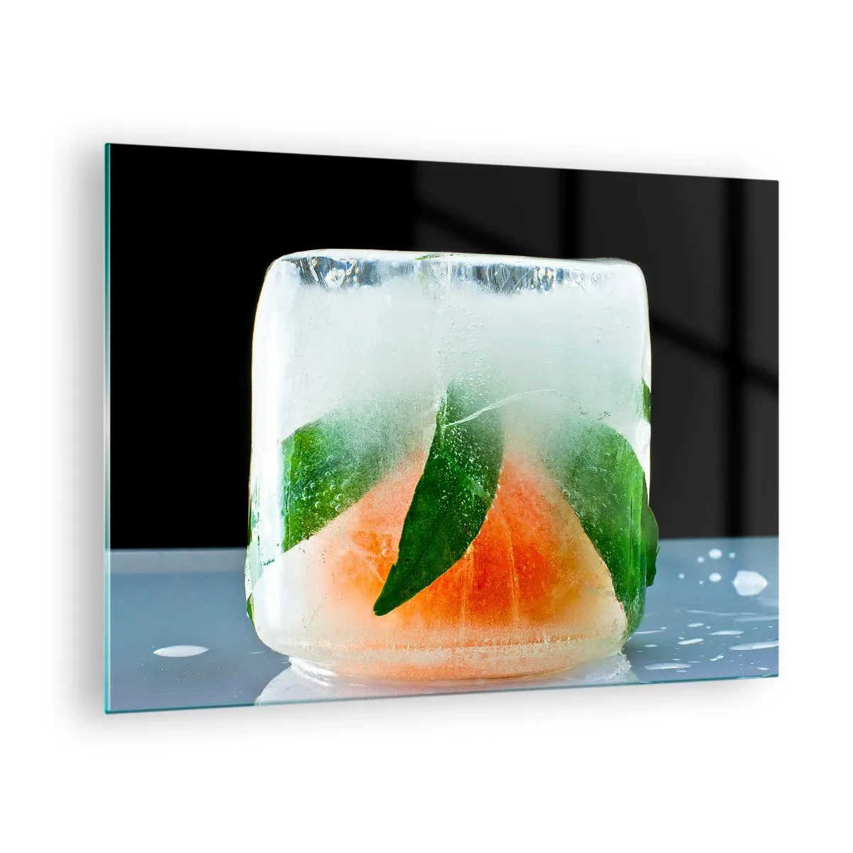 Impression sur verre - Image sur verre - Fruits et feuilles congelés dans de la glace transparente - 70x50cm - Fraîcheur et rafraîchissement - Décoration murale moderne pour le salon et la chambre ARTTOR