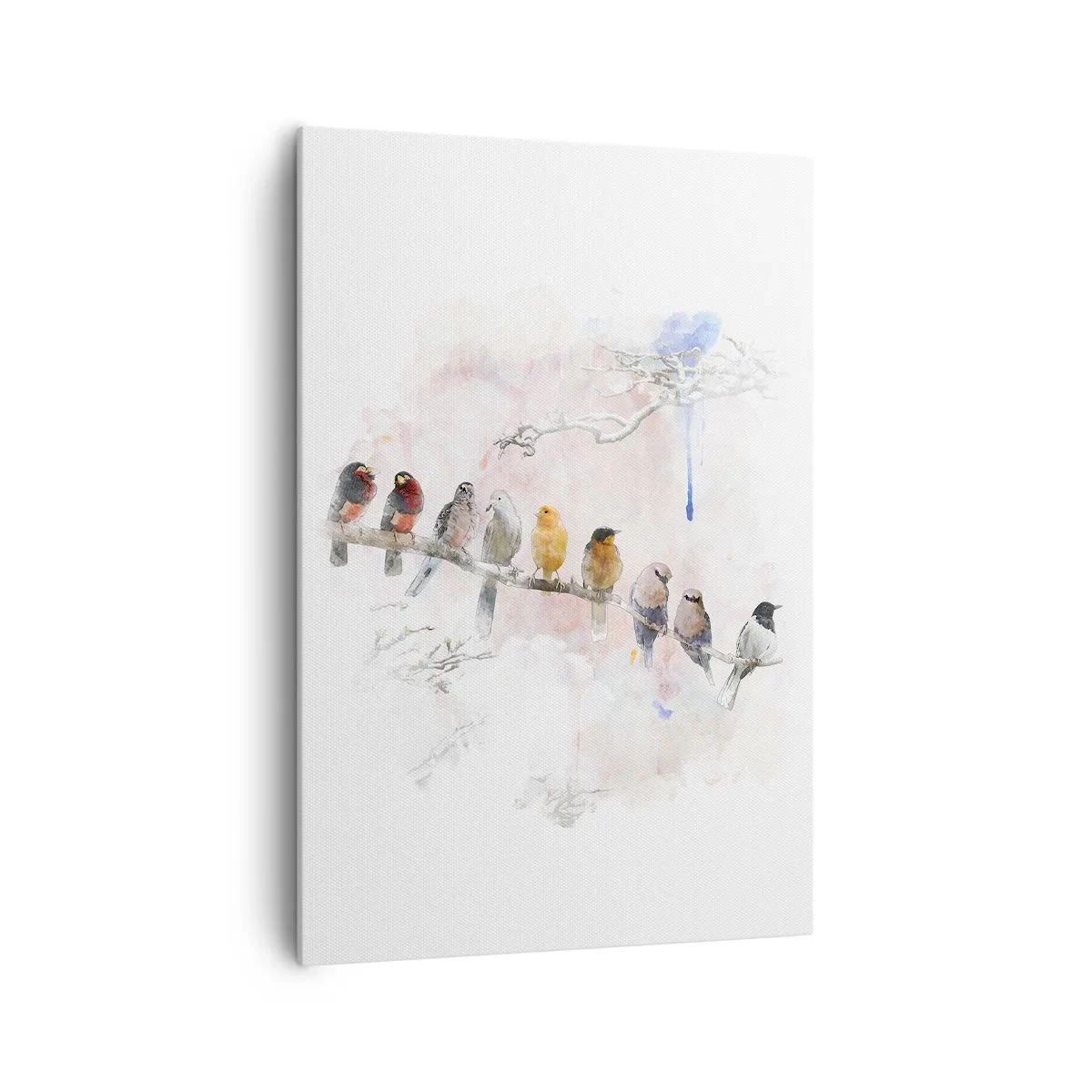 Impression sur toile - Image sur toile - Oiseaux colorés sur une branche dans un style aquarelle - 70x100cm - Rencontre ailée - Décoration murale moderne pour le salon et la chambre ARTTOR