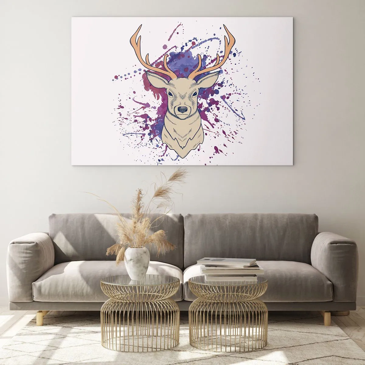 Impression sur verre - Image sur verre - Illustration d'un cerf avec un fond coloré et abstrait - 120x80cm - Courage et équilibre - Décoration murale moderne pour le salon et la chambre ARTTOR