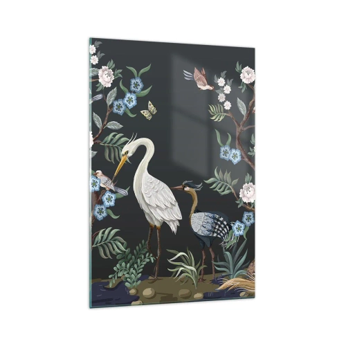 Impression sur verre - Image sur verre - Oiseaux et plantes peints sur un fond sombre avec un motif élégant - 70x100cm - Parade d'oiseaux - Décoration murale moderne pour le salon et la chambre ARTTOR