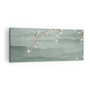 Impression sur toile - Image sur toile - Une image pittoresque d'une branche d'arbre en fleurs avec des oiseaux sur fond de collines verdoyantes. - 120x50cm - Printemps oh c'est toi - Décoration murale moderne pour le salon et la chambre ARTTOR