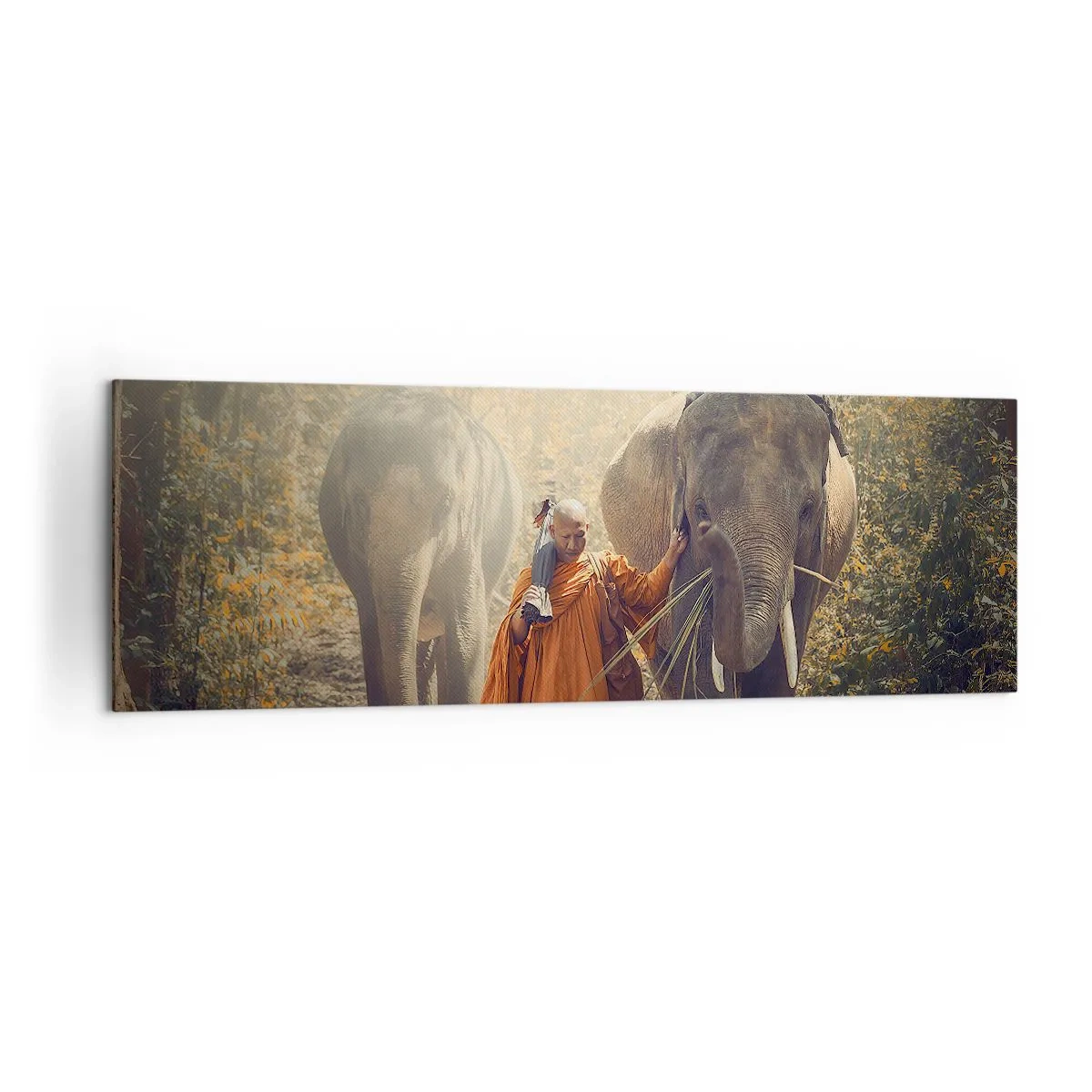Impression sur toile - Image sur toile - Un moine en robe orange conduit un éléphant dans la forêt. - 160x50cm - Compréhension totale - Décoration murale moderne pour le salon et la chambre ARTTOR
