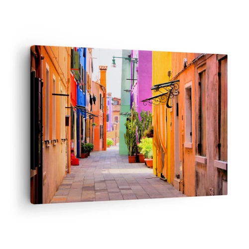 Impression sur toile - Image sur toile - Une rue colorée avec des immeubles aux tons clairs - 70x50cm - Allée arc-en-ciel - Décoration murale moderne pour le salon et la chambre ARTTOR